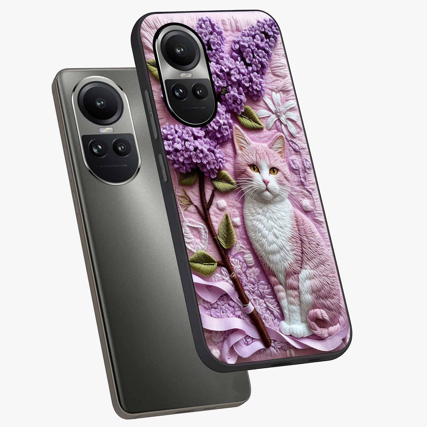 Lavender Cat Whimsy Glass Case displayed in angled mockup highlighting playful feline illustration with pastel lavender aesthetic.