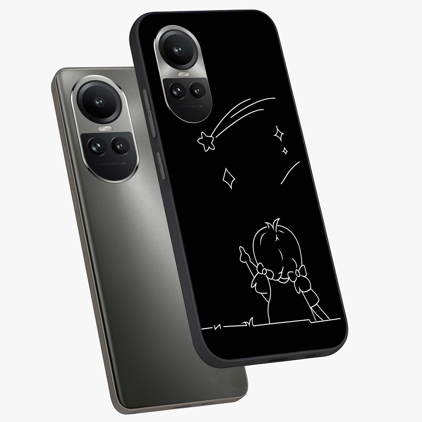 Line Art Girl With Shooting Stars Glass Case displayed in angled mockup highlighting elegant line art design with dreamy star aesthetic.