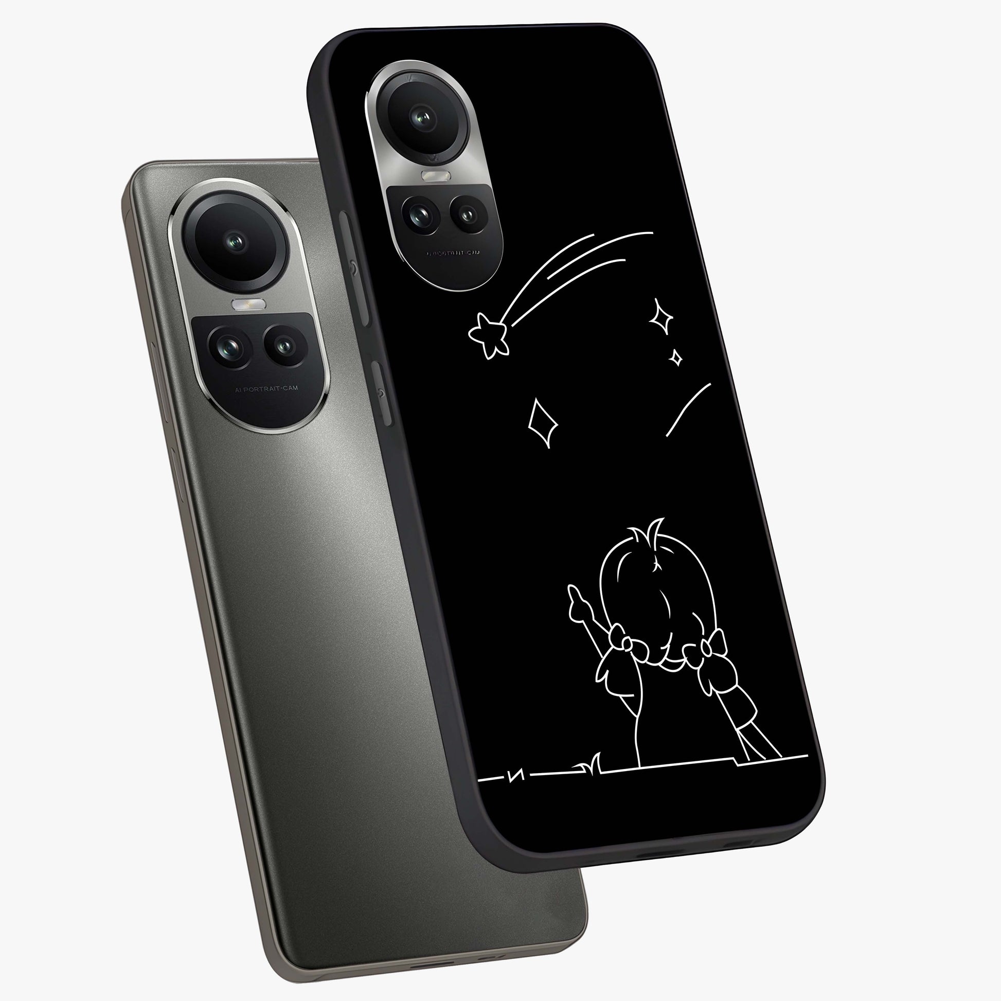 Line Art Girl With Shooting Stars Glass Case displayed in angled mockup highlighting elegant line art design with dreamy star aesthetic.