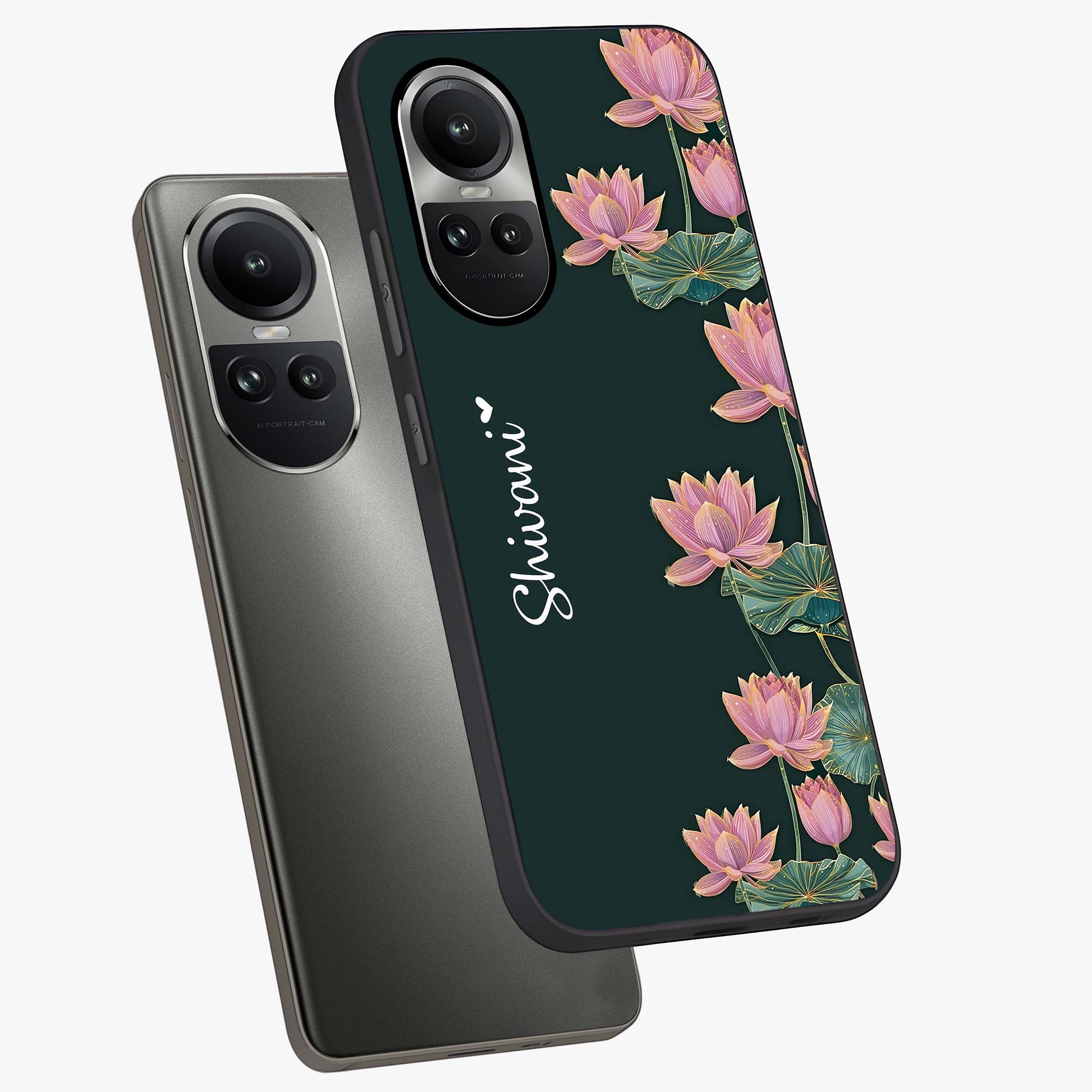 Lotus Bloom Serenity Custom Name Glass Case displayed in angled mockup highlighting graceful lotus illustration with custom name feature.