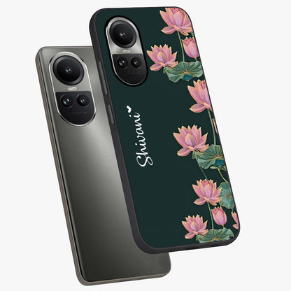 Lotus Bloom Serenity Custom Name Glass Case displayed in angled mockup highlighting graceful lotus illustration with custom name feature.