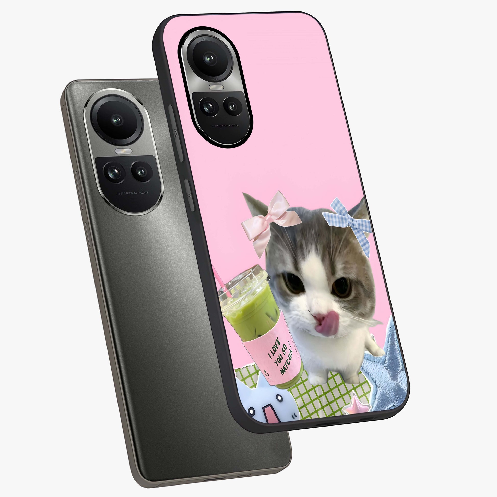 Love Matcha Cat Glass Case displayed in angled mockup highlighting playful feline illustration with cozy matcha aesthetic.