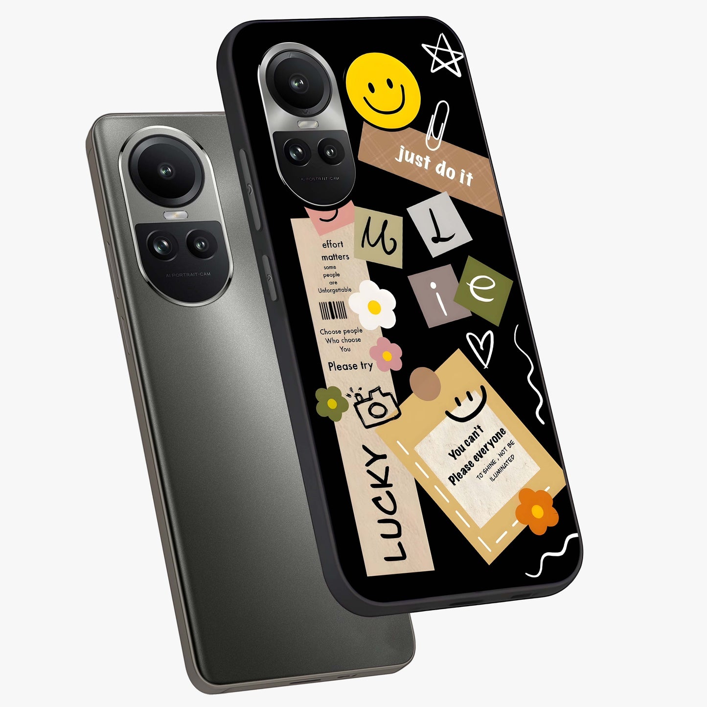 Lucky Aesthetic Collage Glass Case displayed in angled mockup highlighting stylish collage pattern with modern aesthetic vibe.