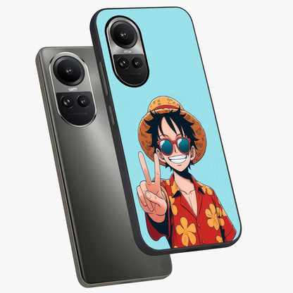 Luffy Summer Anime Vibe Glass Case displayed in angled mockup highlighting energetic anime illustration with summer vibe aesthetic.