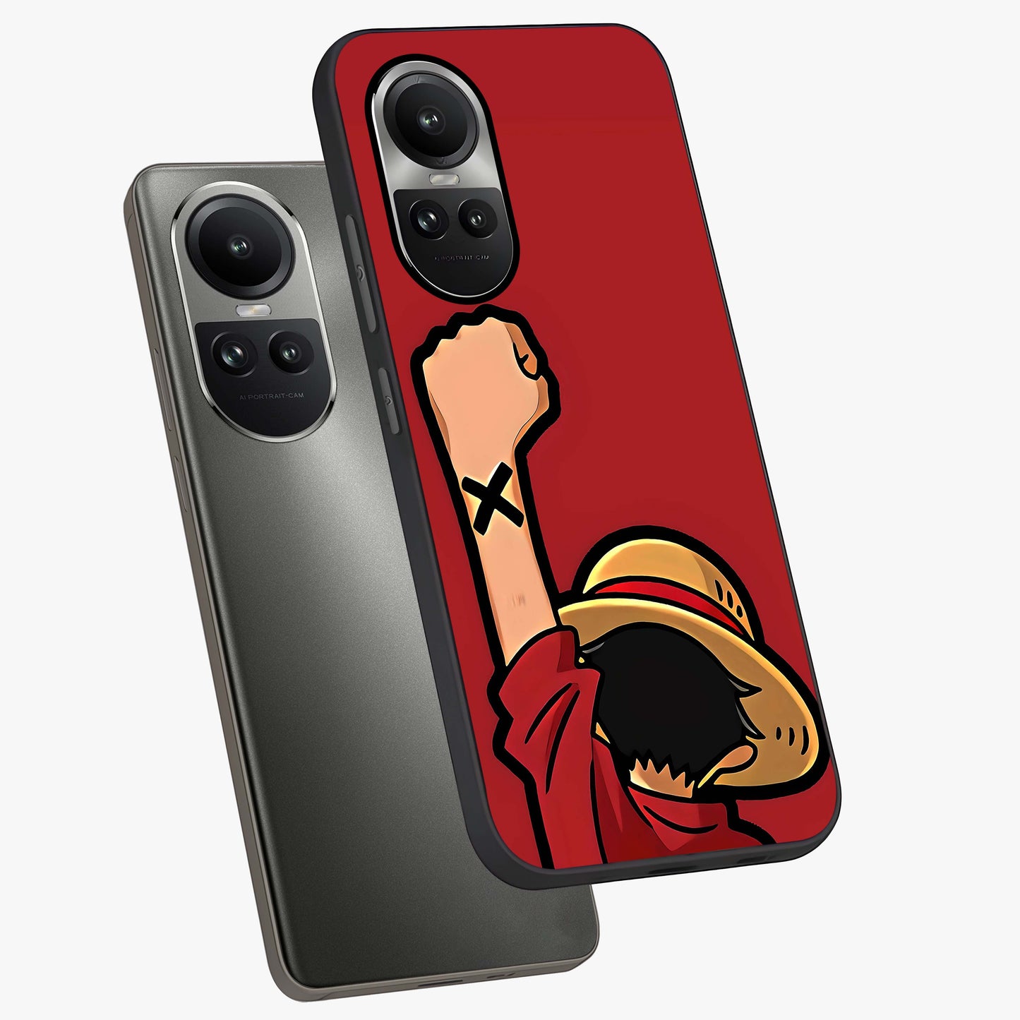 Luffy X Spirit Glass Case displayed in angled mockup highlighting powerful anime design with energetic action aesthetic.