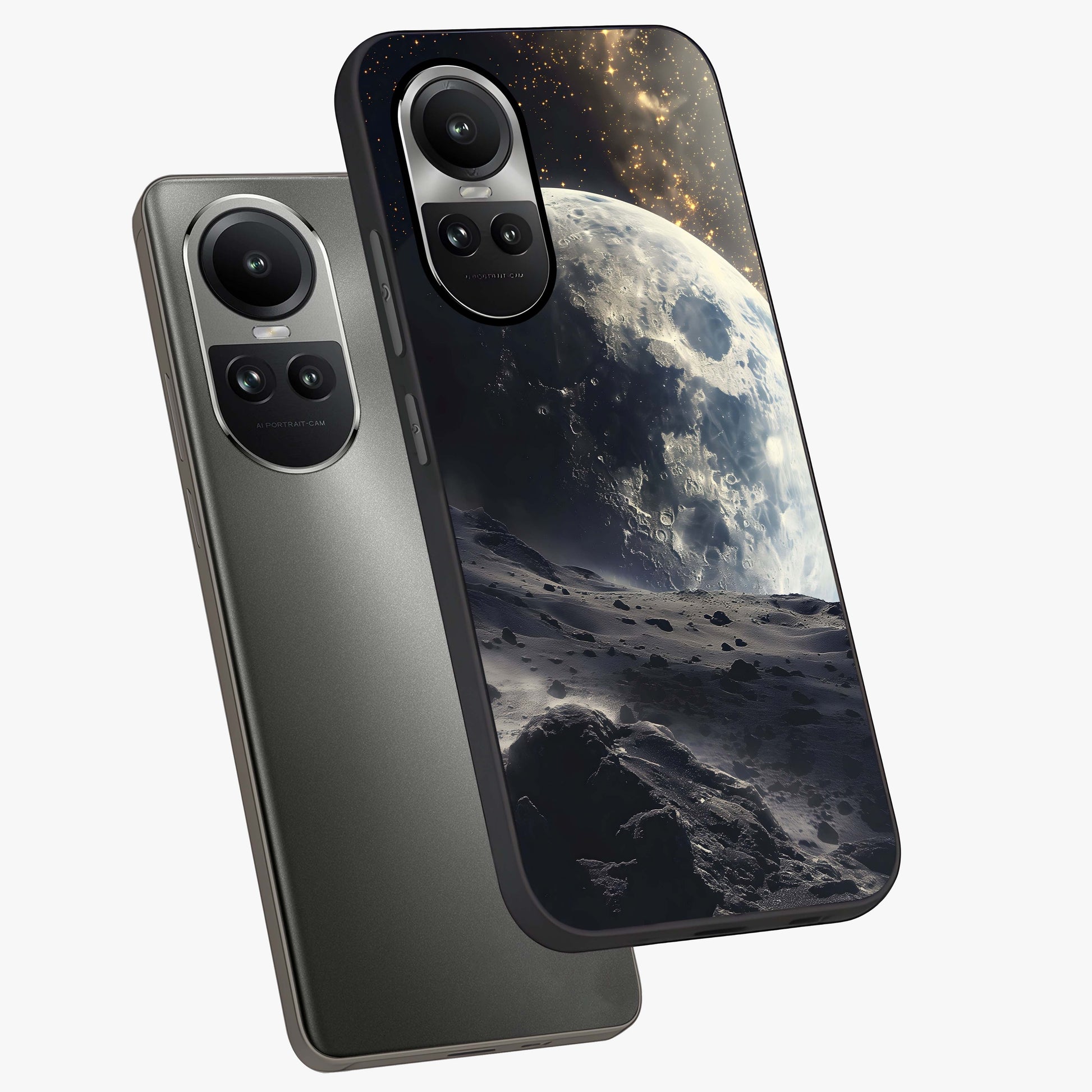 Lunar Horizon Glow Glass Case displayed in angled mockup highlighting celestial moon design with dreamy night aesthetic.