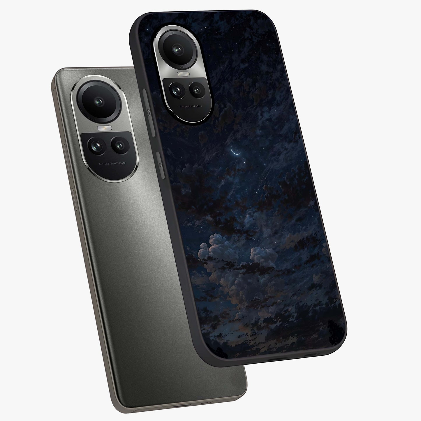 Lunar Veil Silence Glass Case displayed in angled mockup highlighting soft lunar design with peaceful celestial aesthetic.