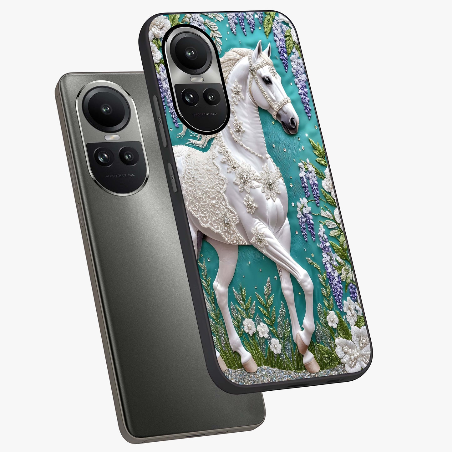 Majestic Floral Stallion Glass Case displayed in angled mockup highlighting majestic stallion illustration with elegant floral aesthetic.
