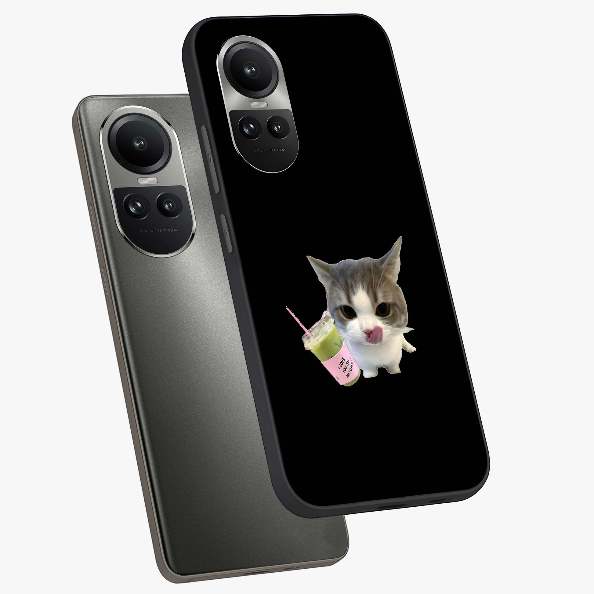 Matcha Cat Style Glass Case displayed in angled mockup highlighting playful feline design with pastel matcha aesthetic.