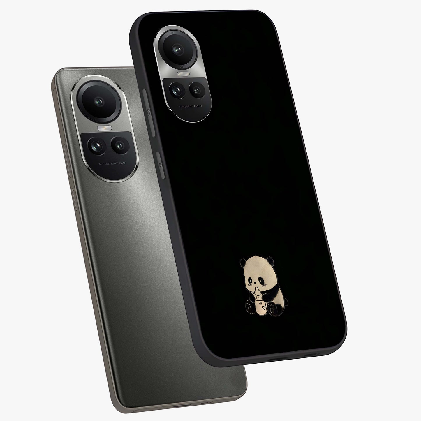 Midnight Panda Love Glass Case displayed in angled mockup highlighting adorable panda illustration with midnight aesthetic.