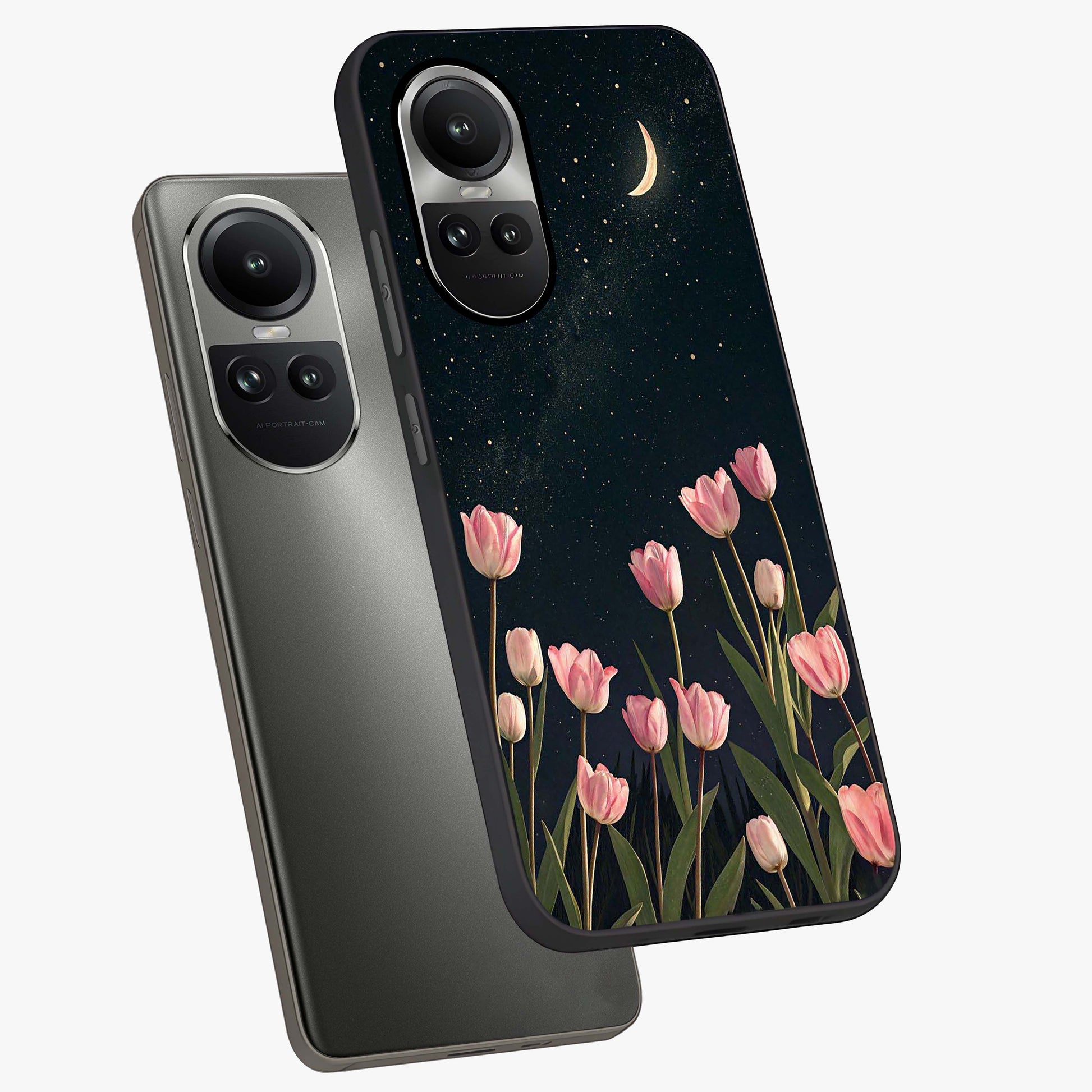 Midnight Tulip Whispers Vibe Glass Case displayed in angled mockup highlighting delicate tulip design with midnight floral aesthetic.