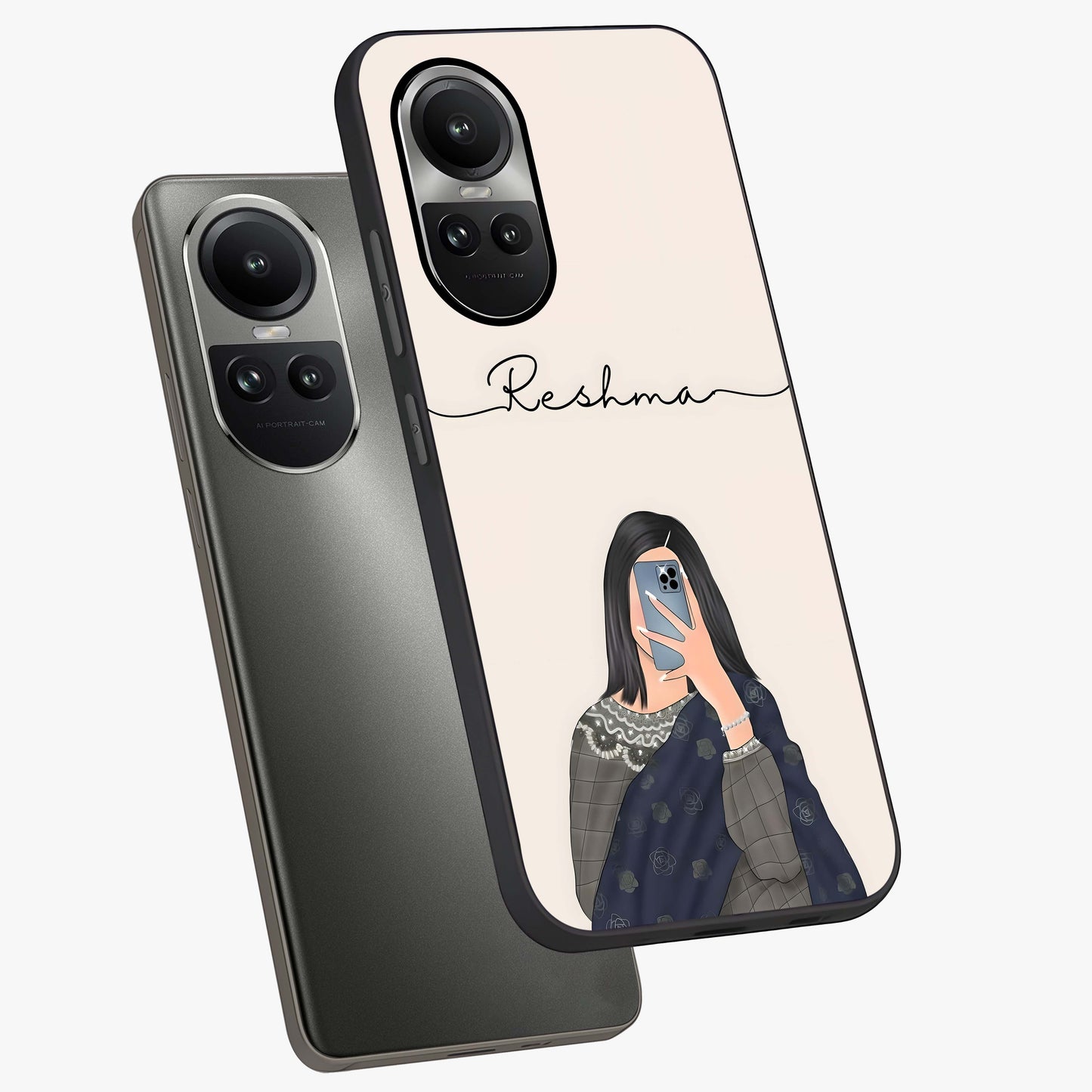 Mirror Mood Muse With Custom Name Glass Case displayed in angled mockup highlighting aesthetic mirror inspired design with custom name feature.