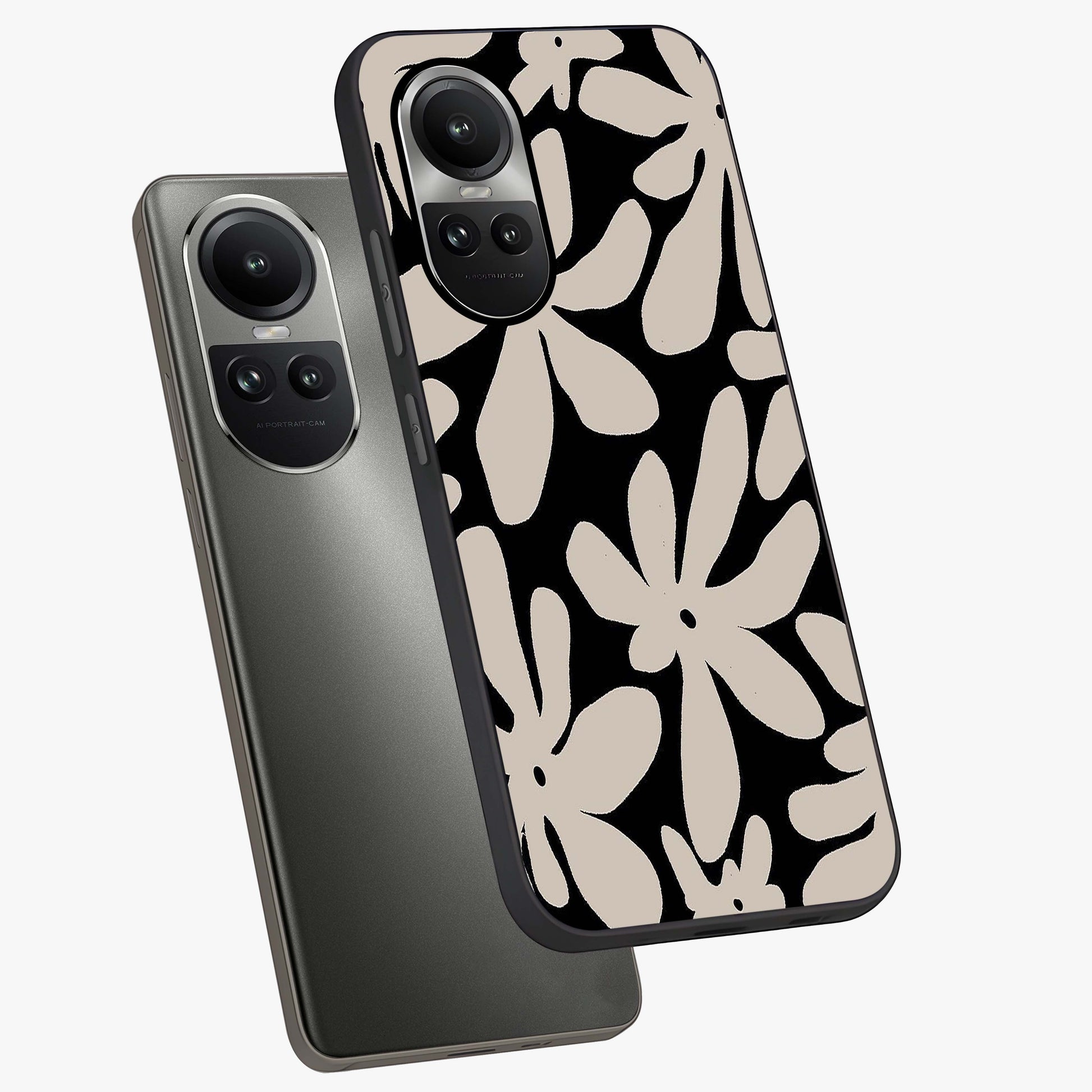 Monochrome Petal Dance Glass Case displayed in angled mockup highlighting elegant petal design with black and white aesthetic.