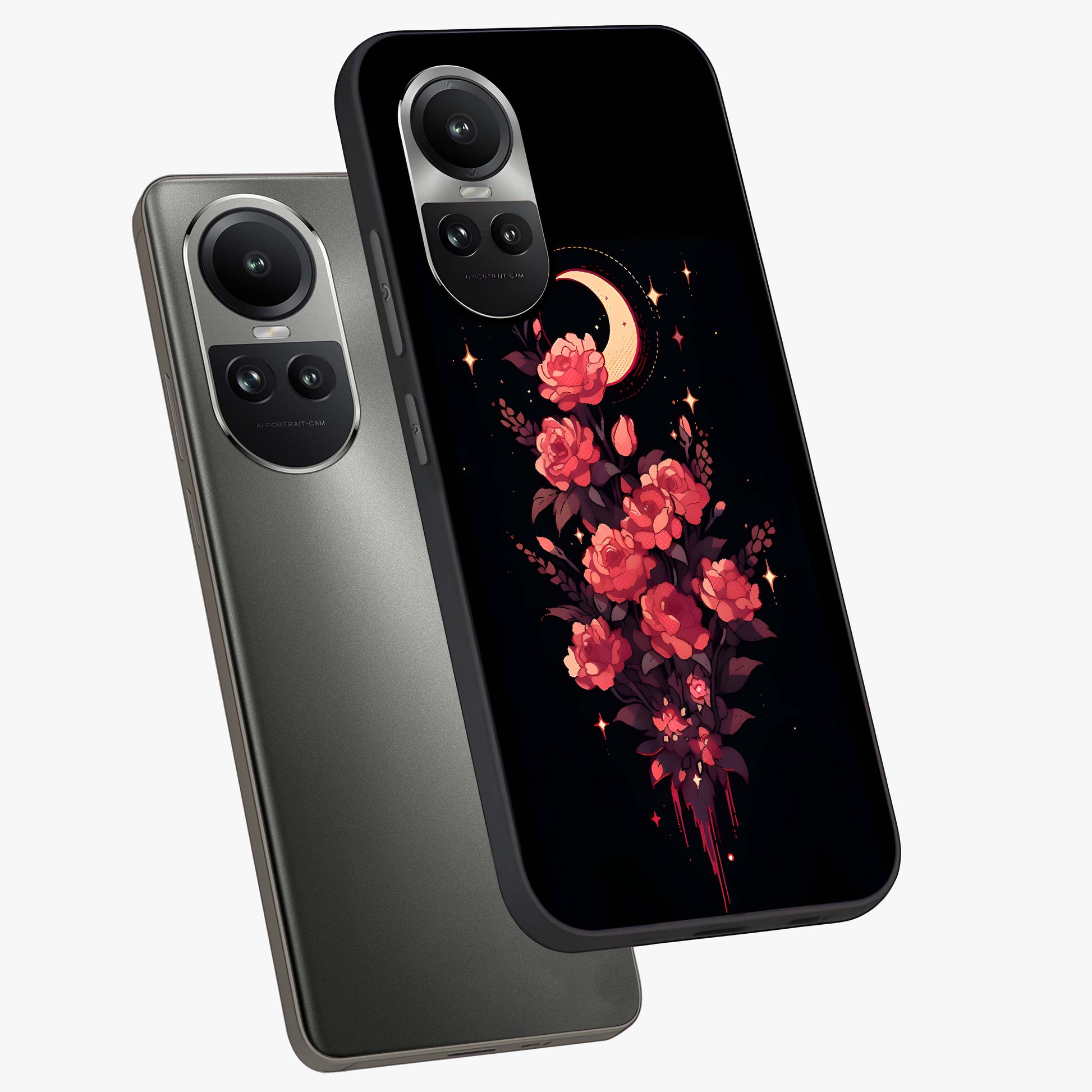 Moonlit Floral Elegance Glass Case displayed in angled mockup highlighting graceful flower design with soft moonlight aesthetic.
