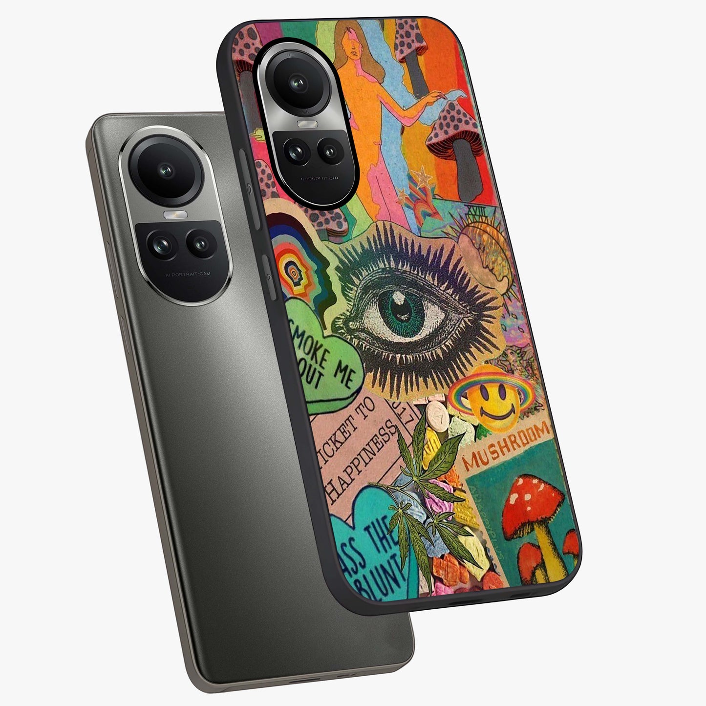 Mystic Eye Wonderland Glass Case displayed in angled mockup highlighting magical eye illustration with dreamy aesthetic.
