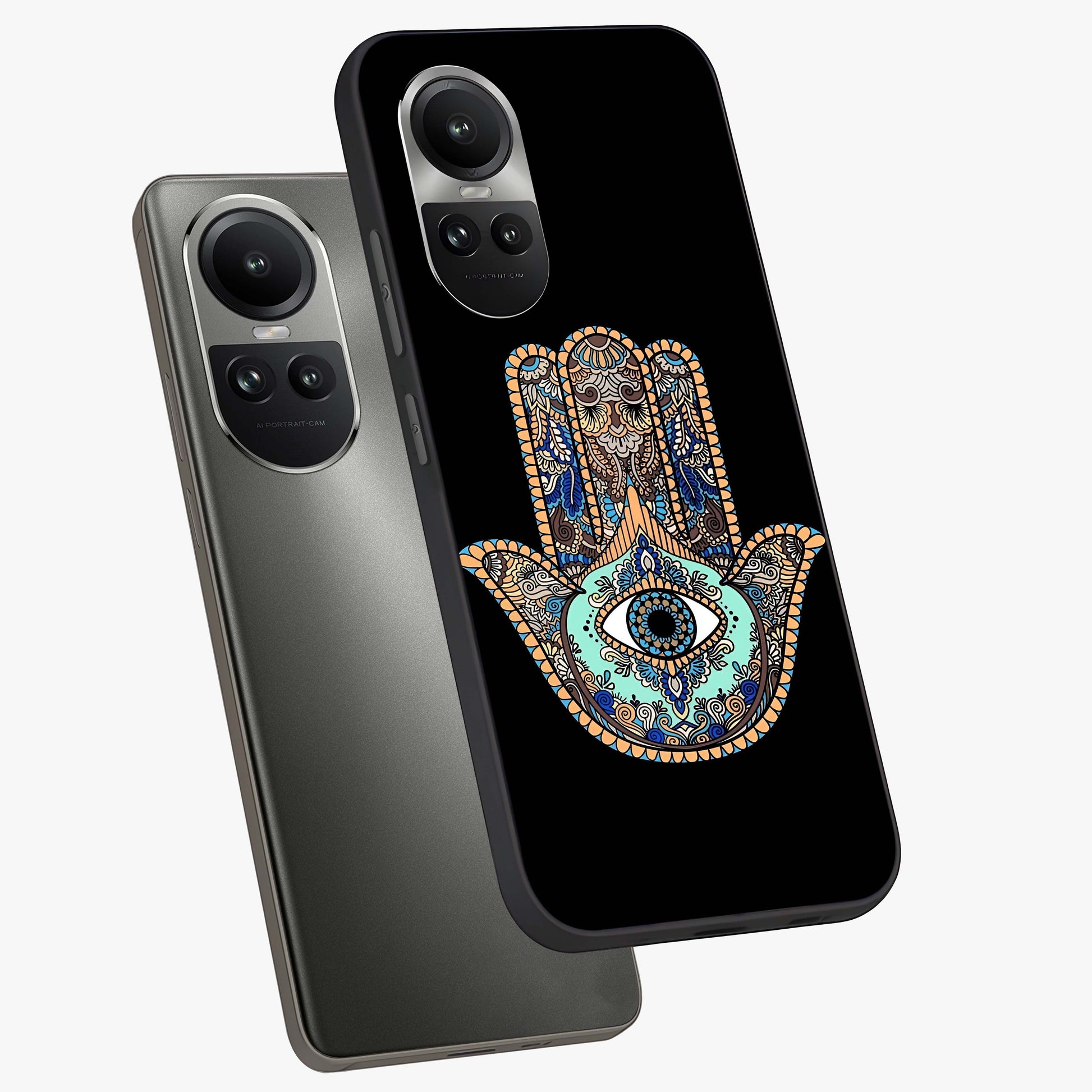 Mystic Hamsa Eye Glass Case displayed in angled mockup highlighting spiritual hamsa symbol with mystical aesthetic style.
