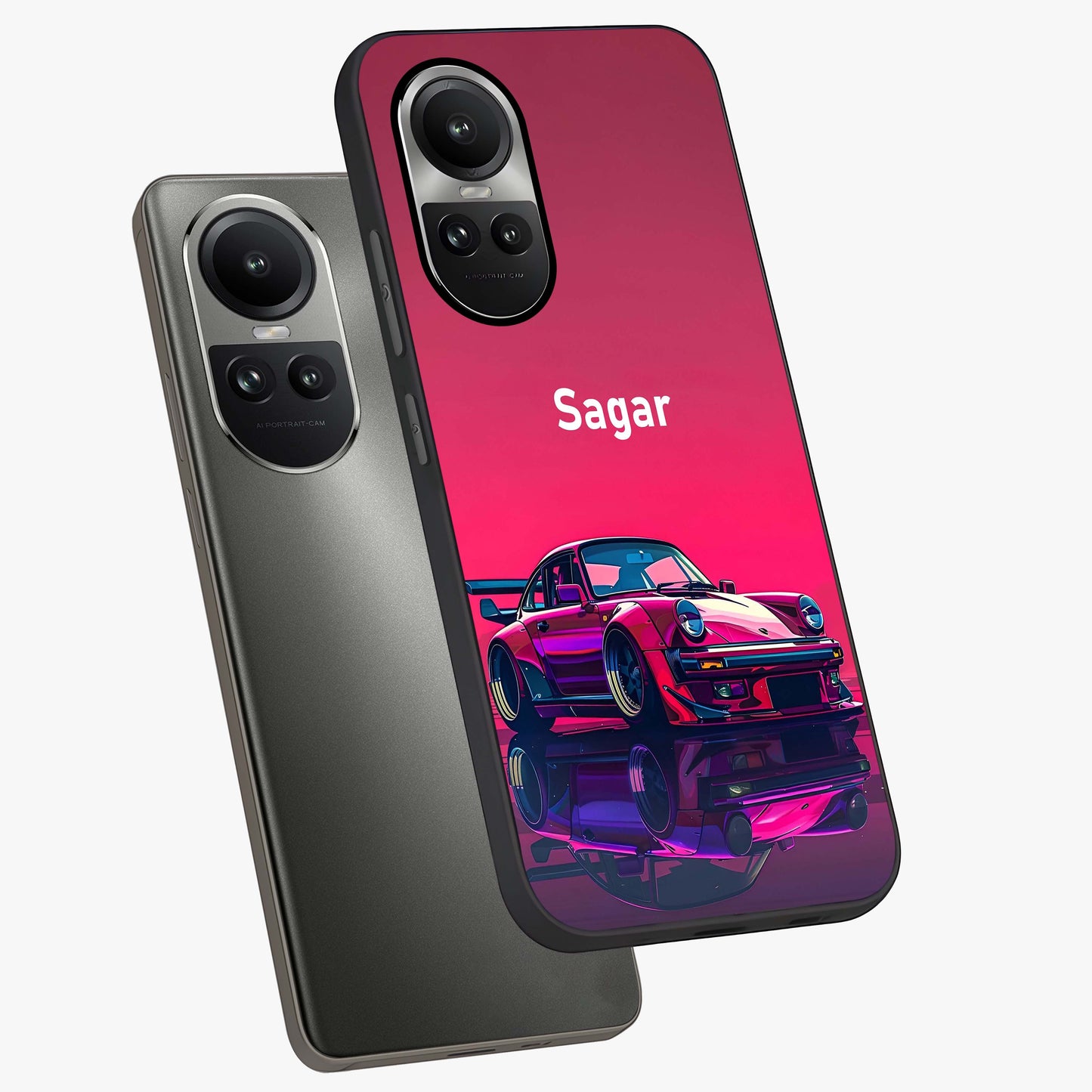 Neon Pink Porsche Glass Case displayed in angled mockup highlighting sleek neon pink car design with racing aesthetic.