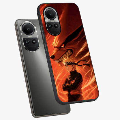 Nine Tails Legacy Glass Case displayed in angled mockup highlighting dynamic anime beast illustration with bold mystical aesthetic.