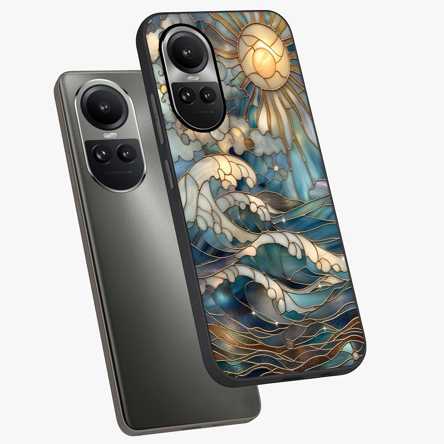 Oceanic Stained Printed Glass Case displayed in angled mockup highlighting colorful aquatic design with artistic aesthetic style.