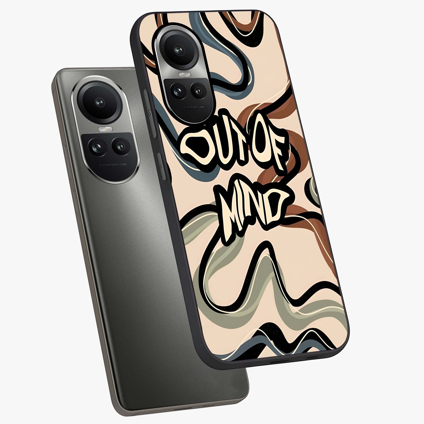 Out Of Mind Glass Case displayed in angled mockup highlighting bold statement design with modern artistic aesthetic.