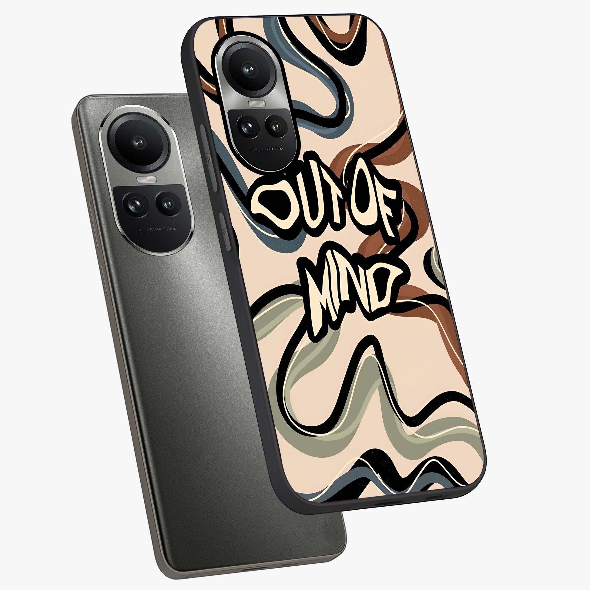 Out Of Mind Glass Case displayed in angled mockup highlighting bold statement design with modern artistic aesthetic.