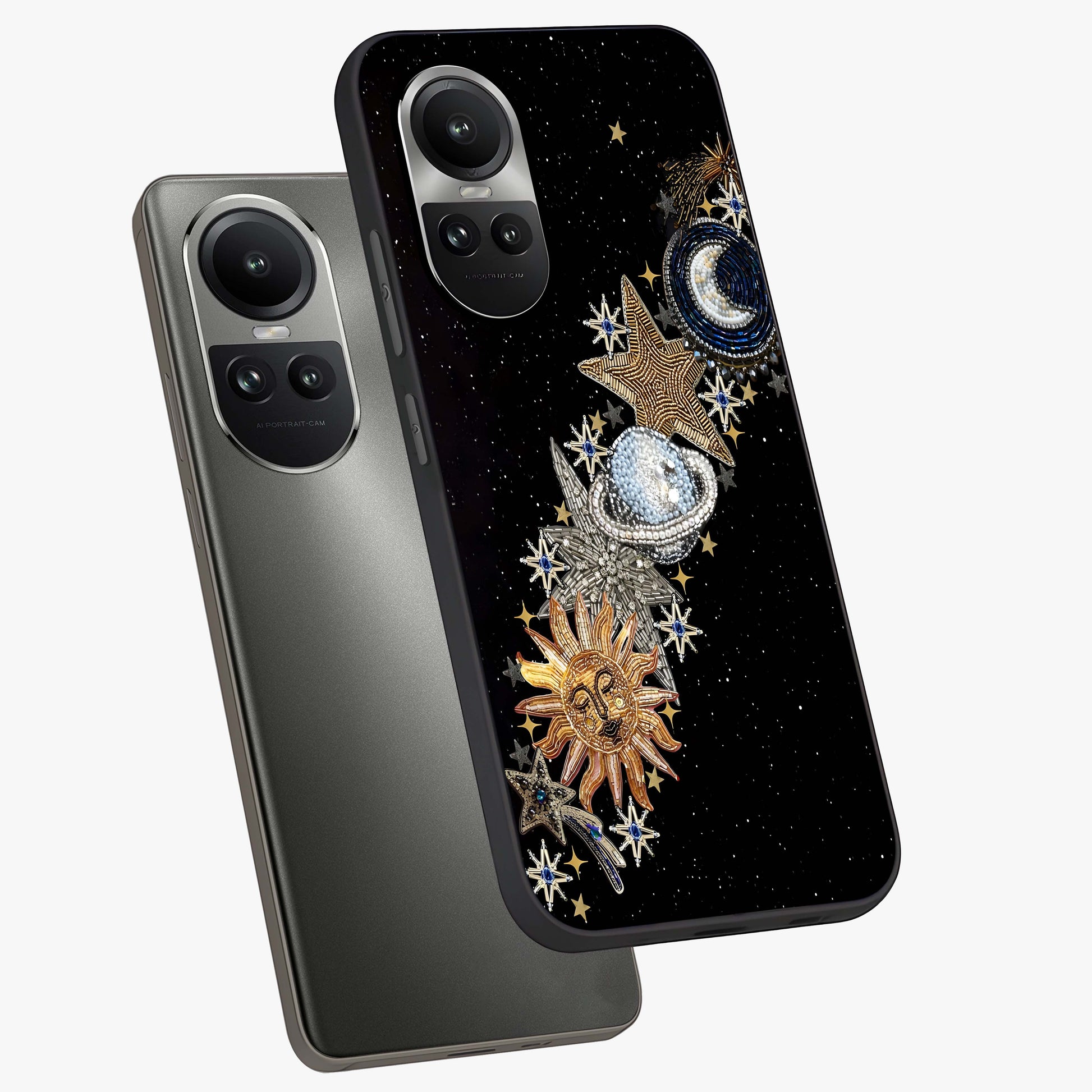 Pearls Universe Object Glass Case displayed in angled mockup highlighting celestial pearl design with dreamy aesthetic.