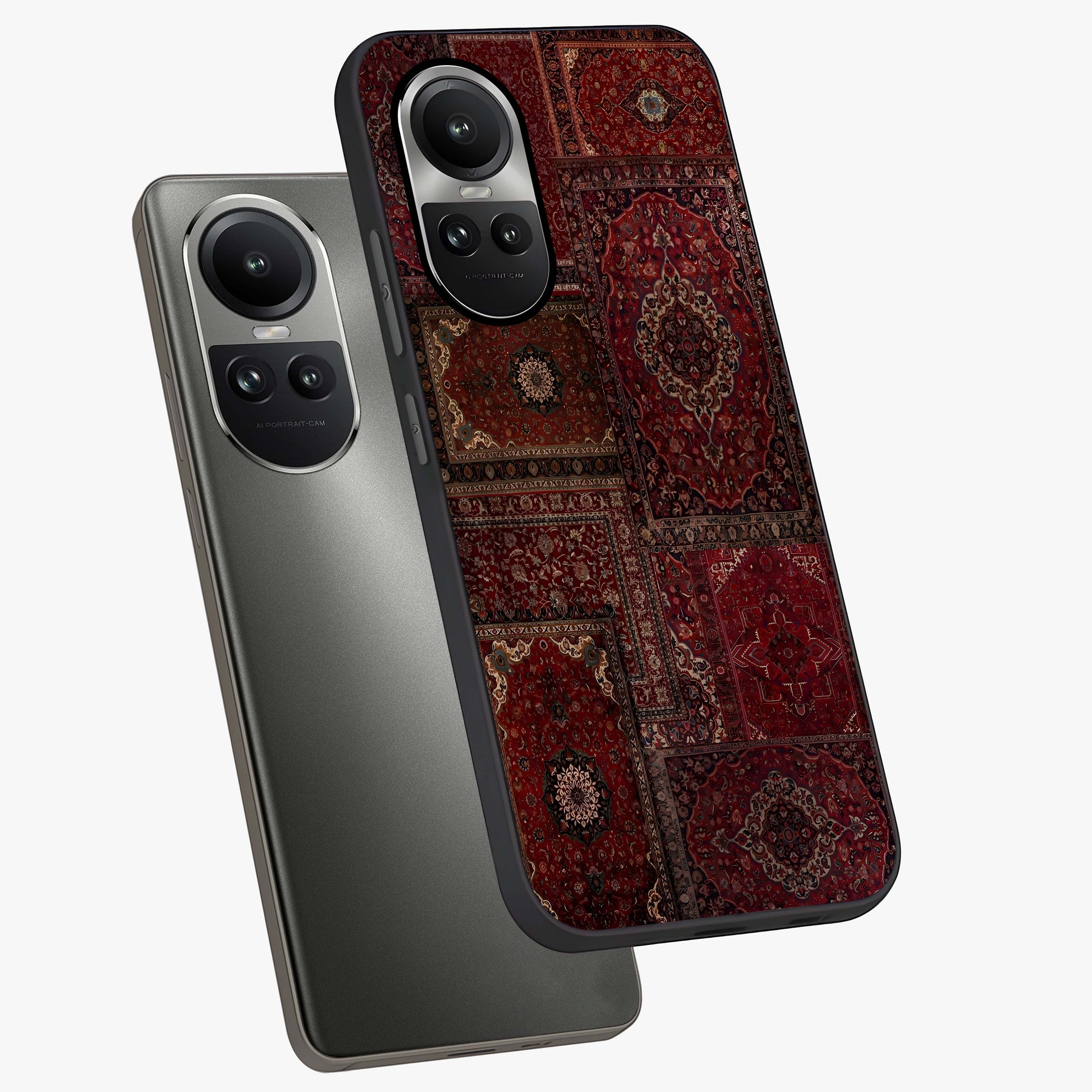 Persian Velvet Tale Glass Case displayed in angled mockup highlighting ornate textile inspired design with royal aesthetic.