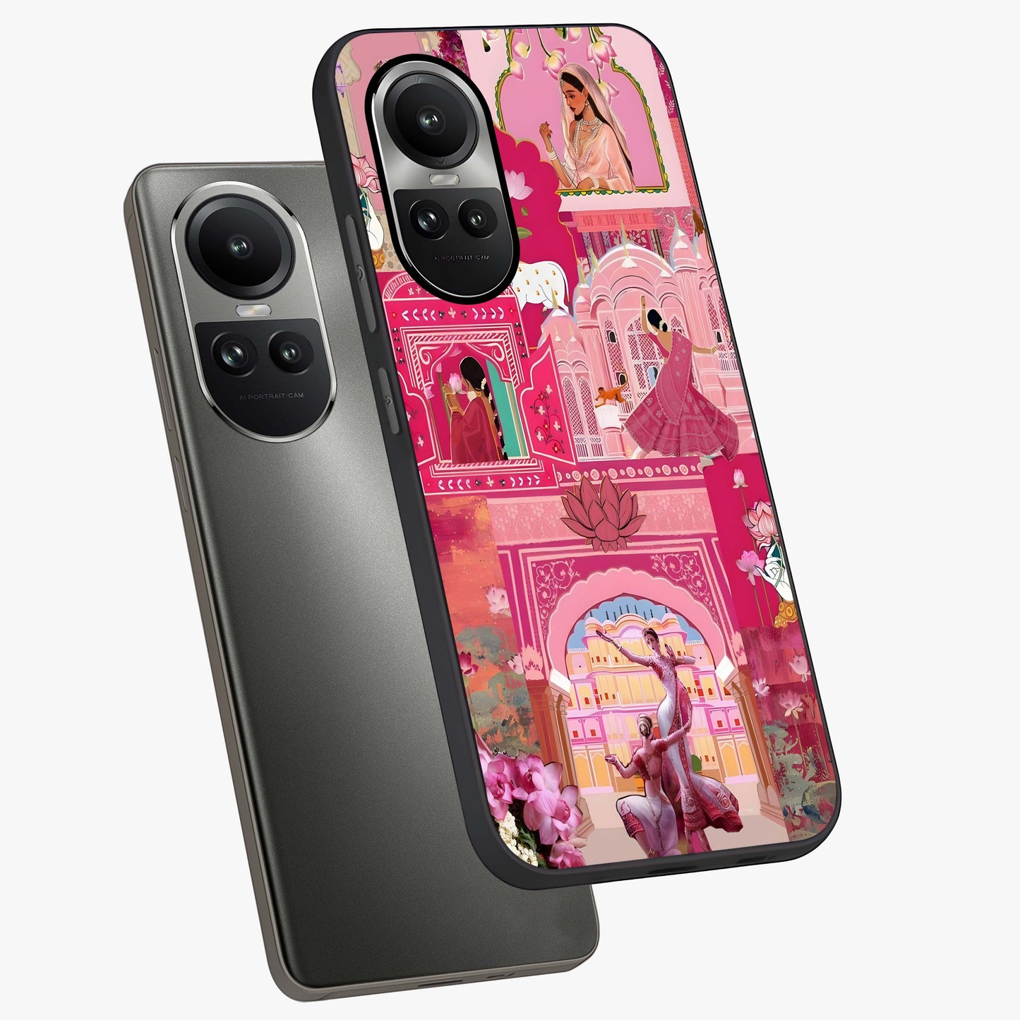 Pink Palace Muse Glass Case displayed in angled mockup highlighting dreamy palace illustration with soft pink aesthetic.
