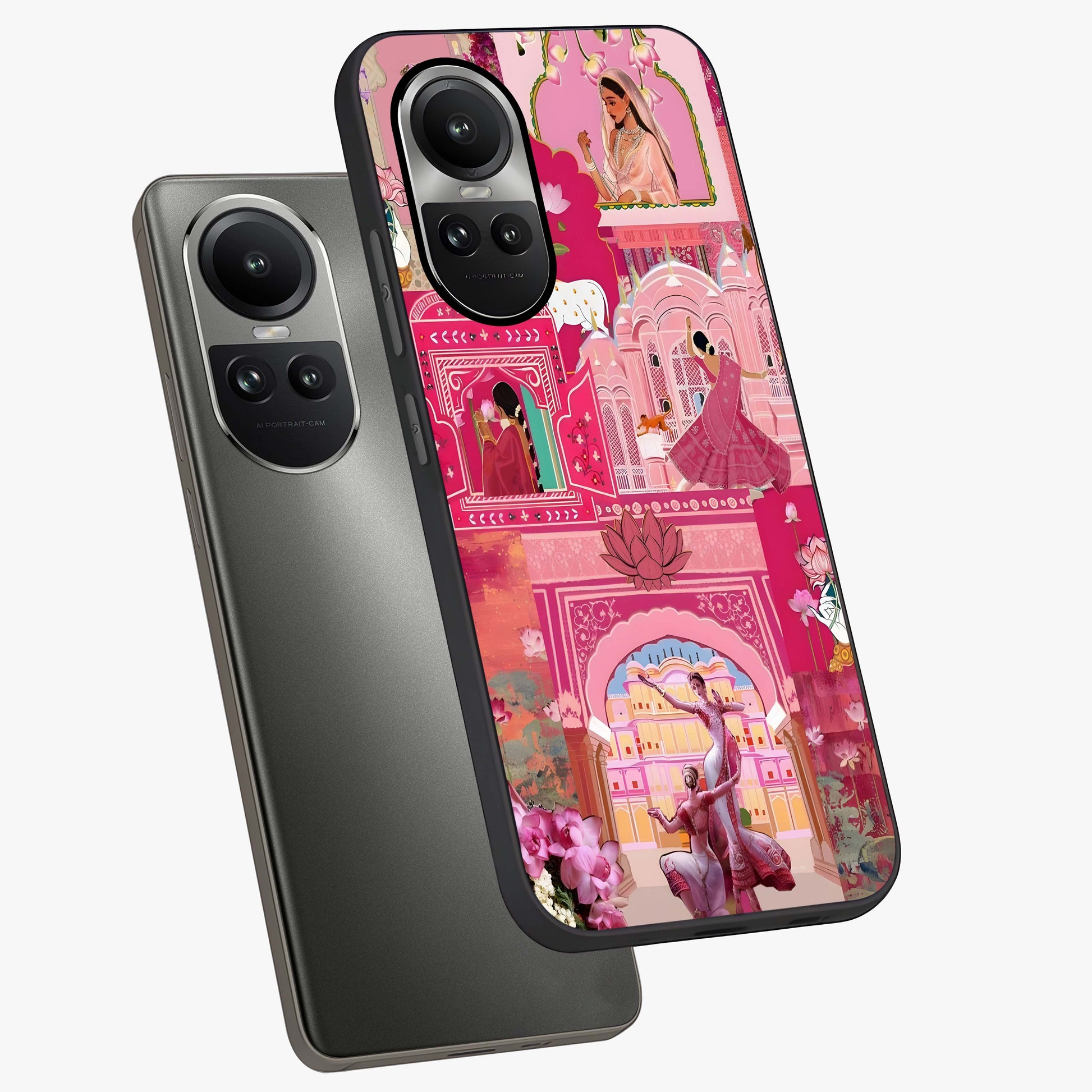 Pink Palace Muse Glass Case displayed in angled mockup highlighting dreamy palace illustration with soft pink aesthetic.
