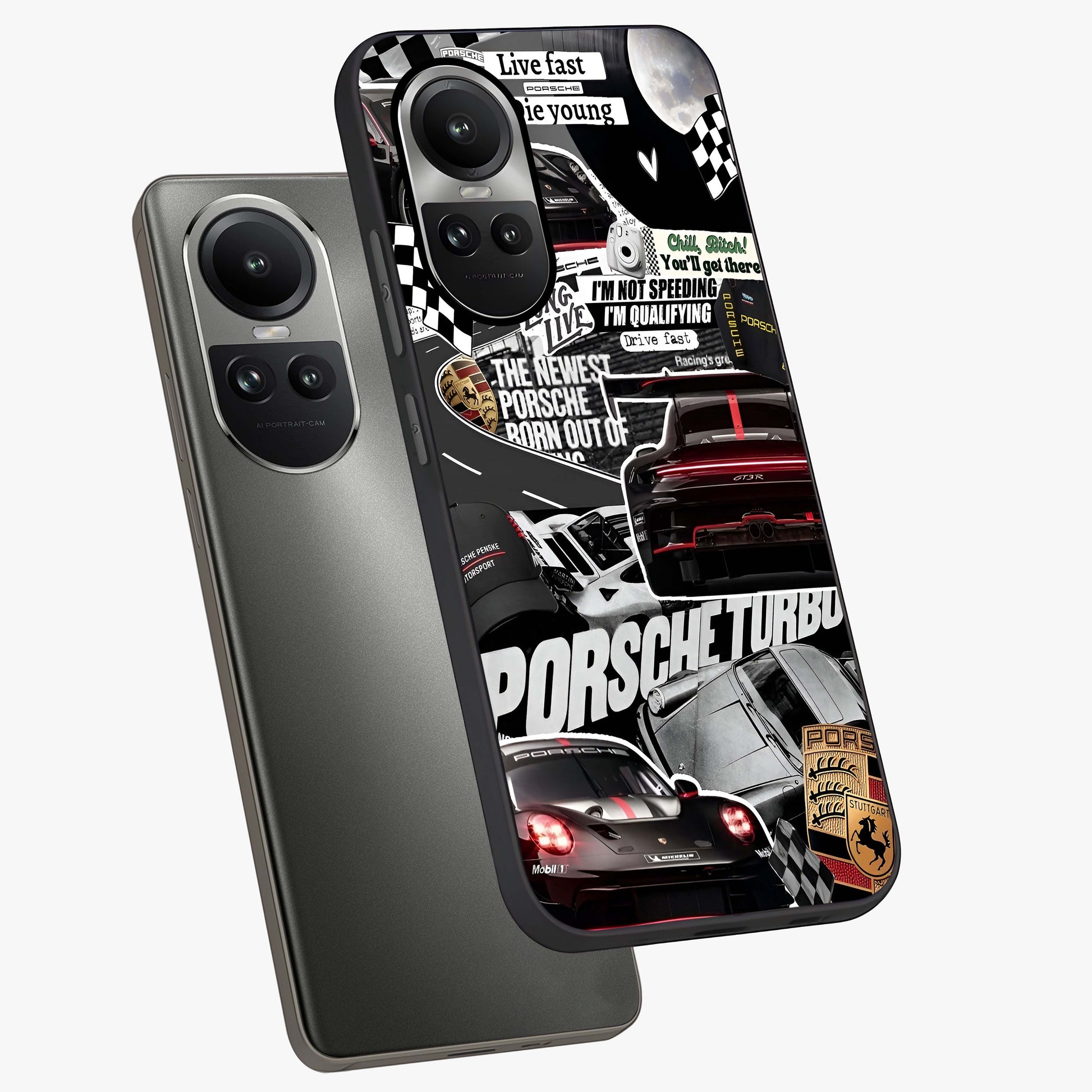 Porsche Racing Collage Glass Case displayed in angled mockup highlighting dynamic automotive design with bold racing aesthetic.