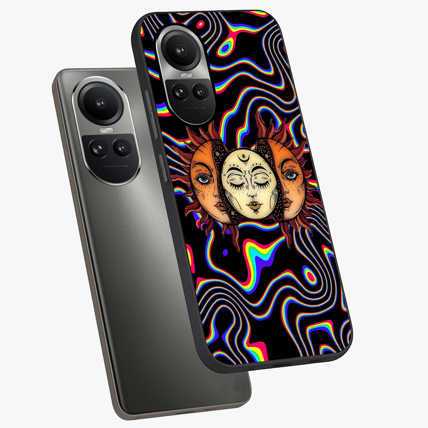 Psychedelic Sun Glass Case displayed in angled mockup highlighting vibrant abstract sun design with artistic aesthetic style.