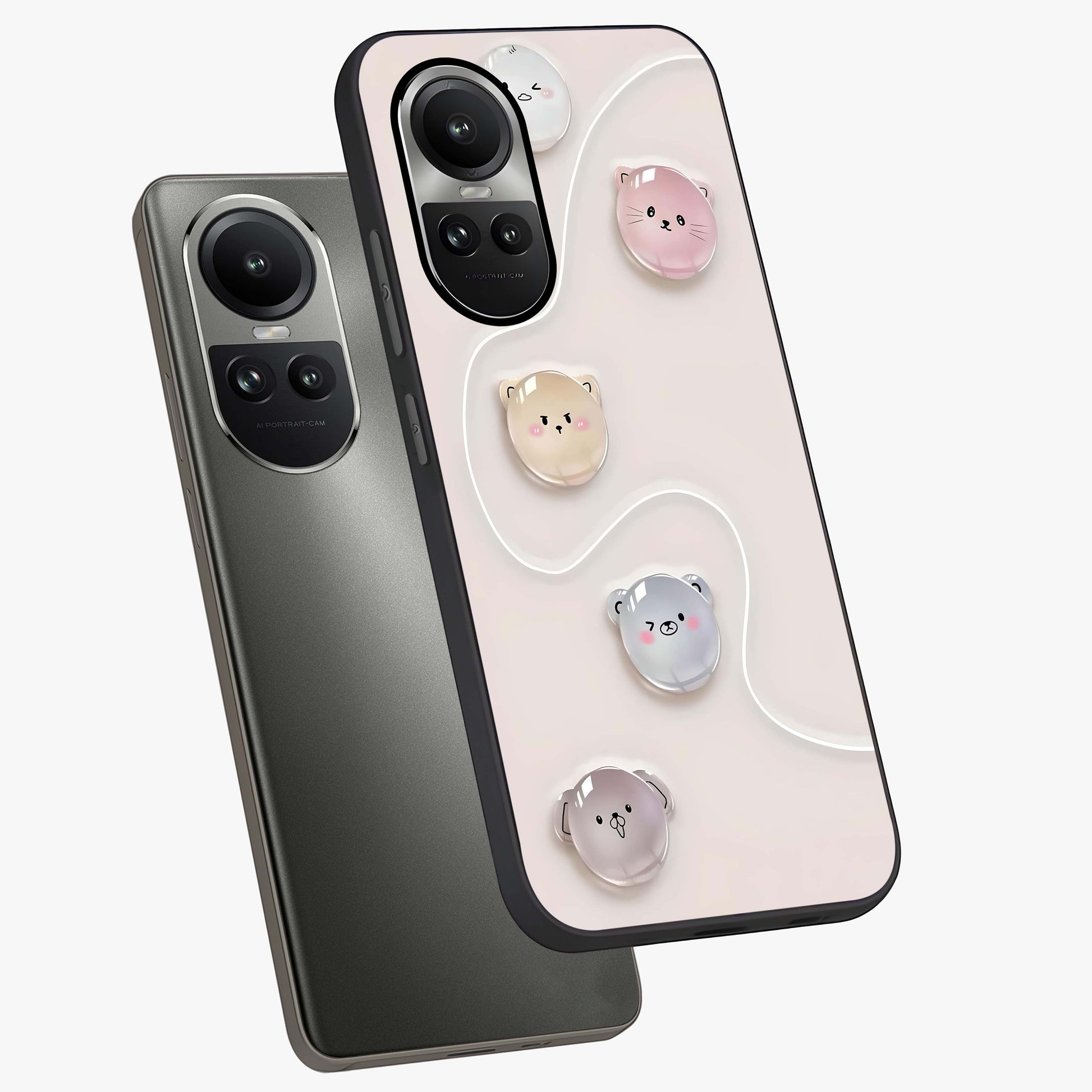 Puffy Face Parade Glass Case displayed in angled mockup highlighting playful cartoon face design with fun aesthetic.