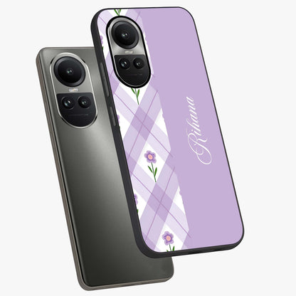 Purple Diamond Floral Glass Case displayed in angled mockup highlighting elegant purple flower design with decorative pattern.