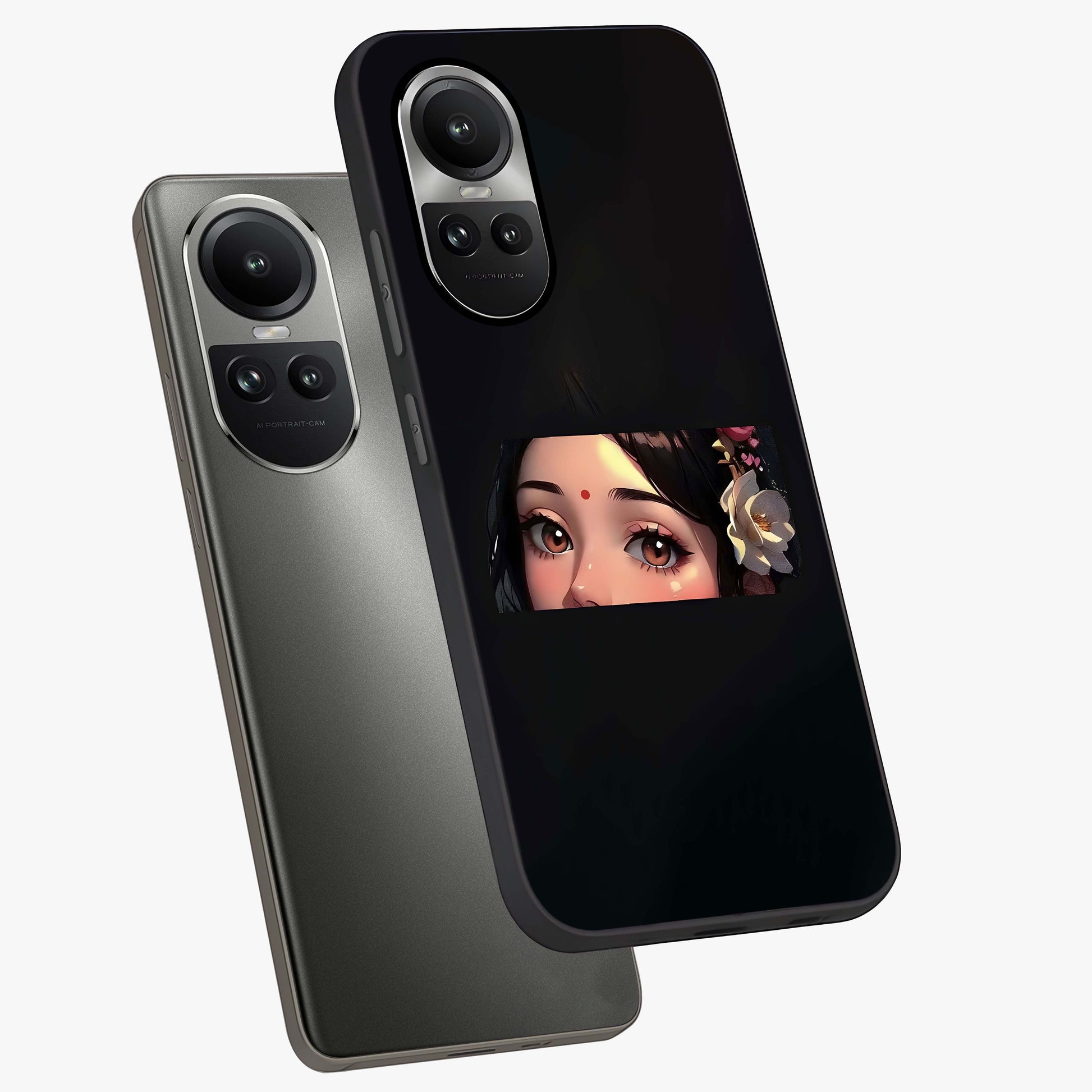 Radha Divine Embrace Glass Case displayed in angled mockup highlighting graceful spiritual illustration with divine aesthetic.