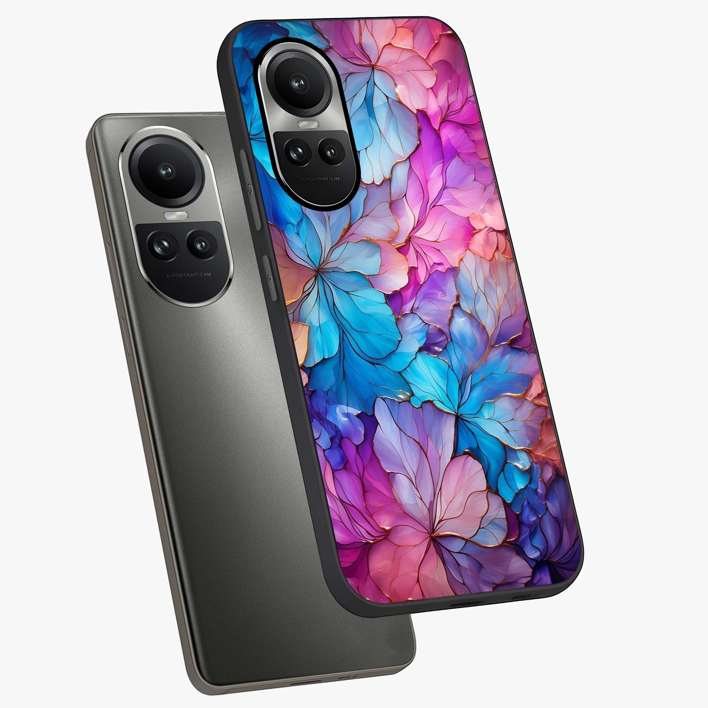 Radiant Floral Whirl Glass Case displayed in angled mockup highlighting vibrant flower pattern with dynamic artistic aesthetic.