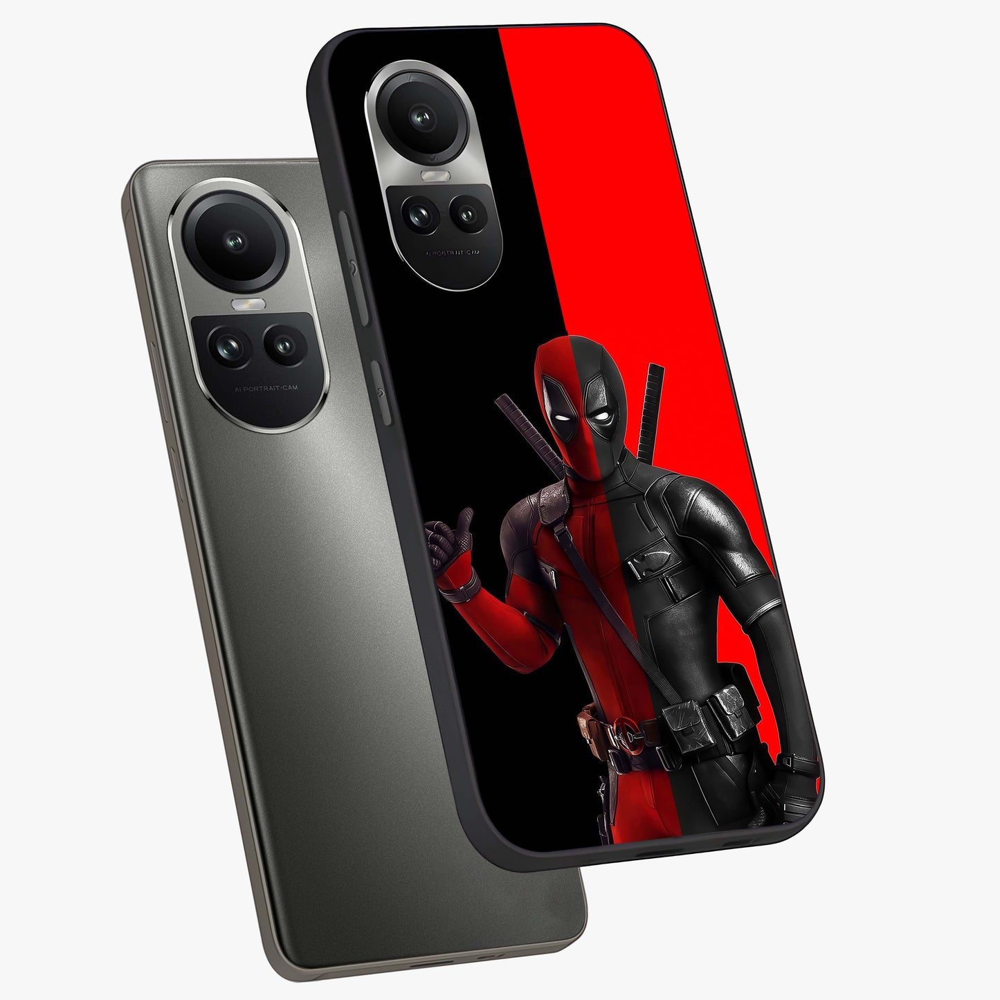 Red & Black Deadpool Theme Glass Case displayed in angled mockup highlighting vibrant superhero style illustration with action aesthetic.