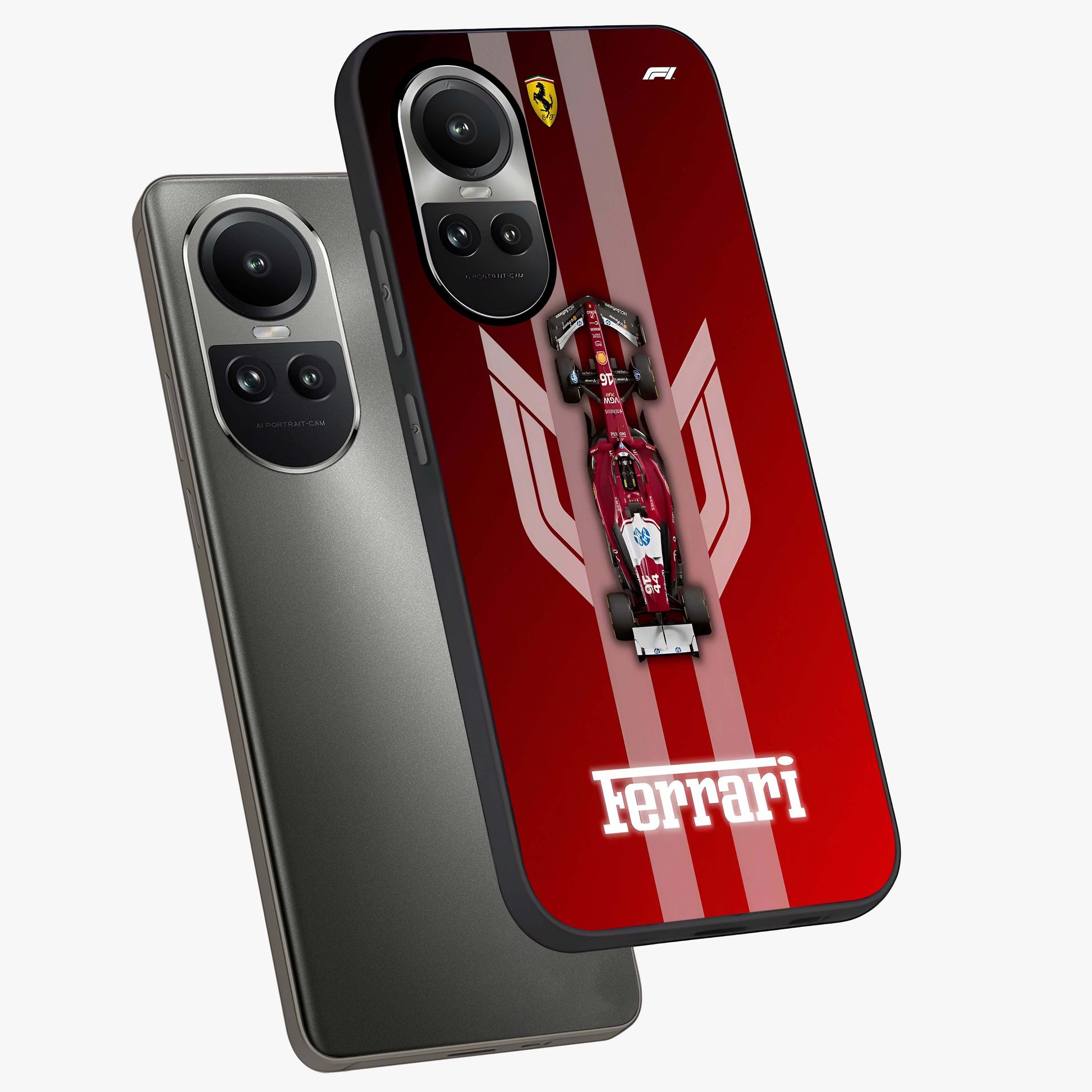 Red Ferrari F1 Vertical Glass Case displayed in angled mockup highlighting high speed racing design with bold automotive aesthetic.