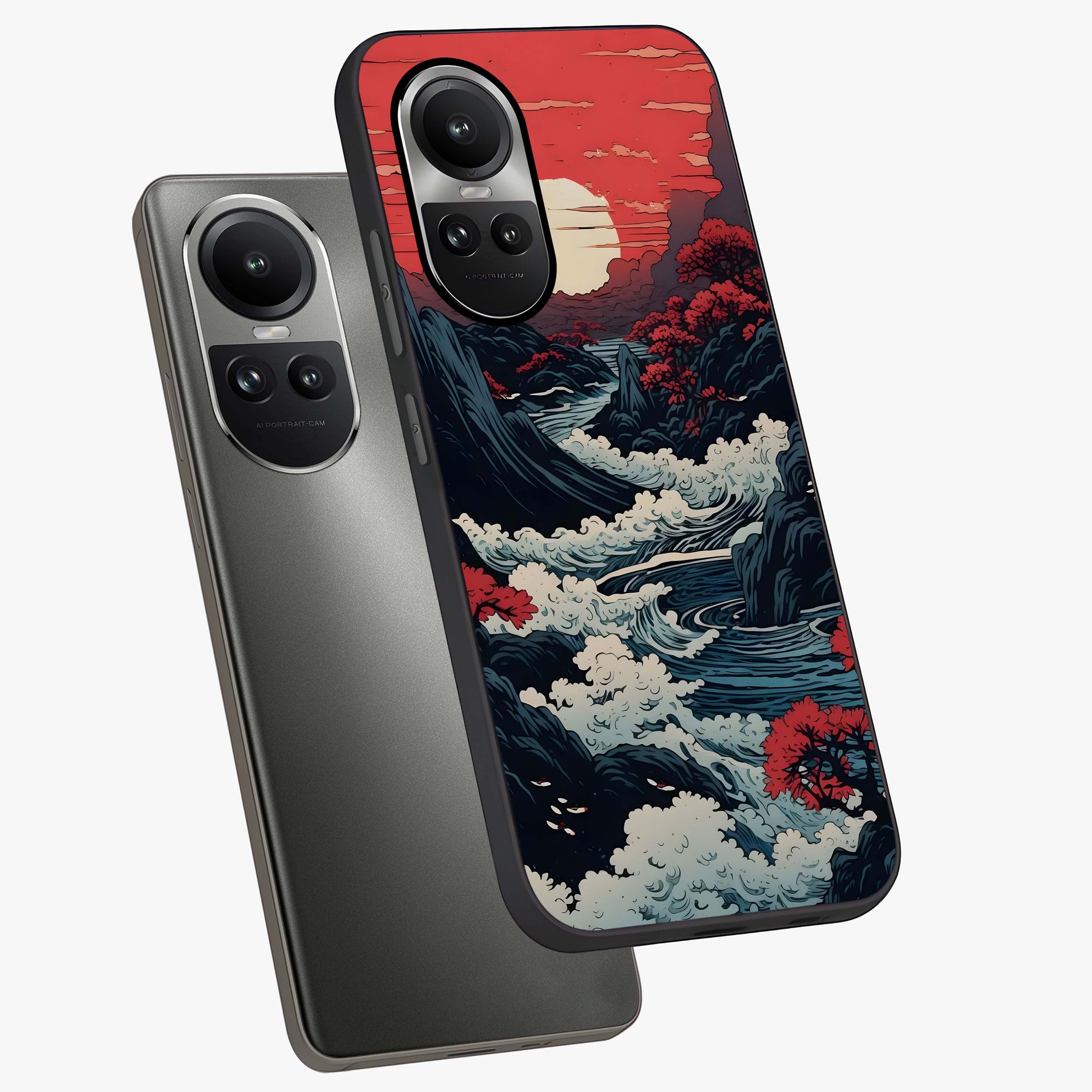 Red Sunset Scenery Glass Case displayed in angled mockup highlighting glowing sunset sky design with scenic aesthetic.