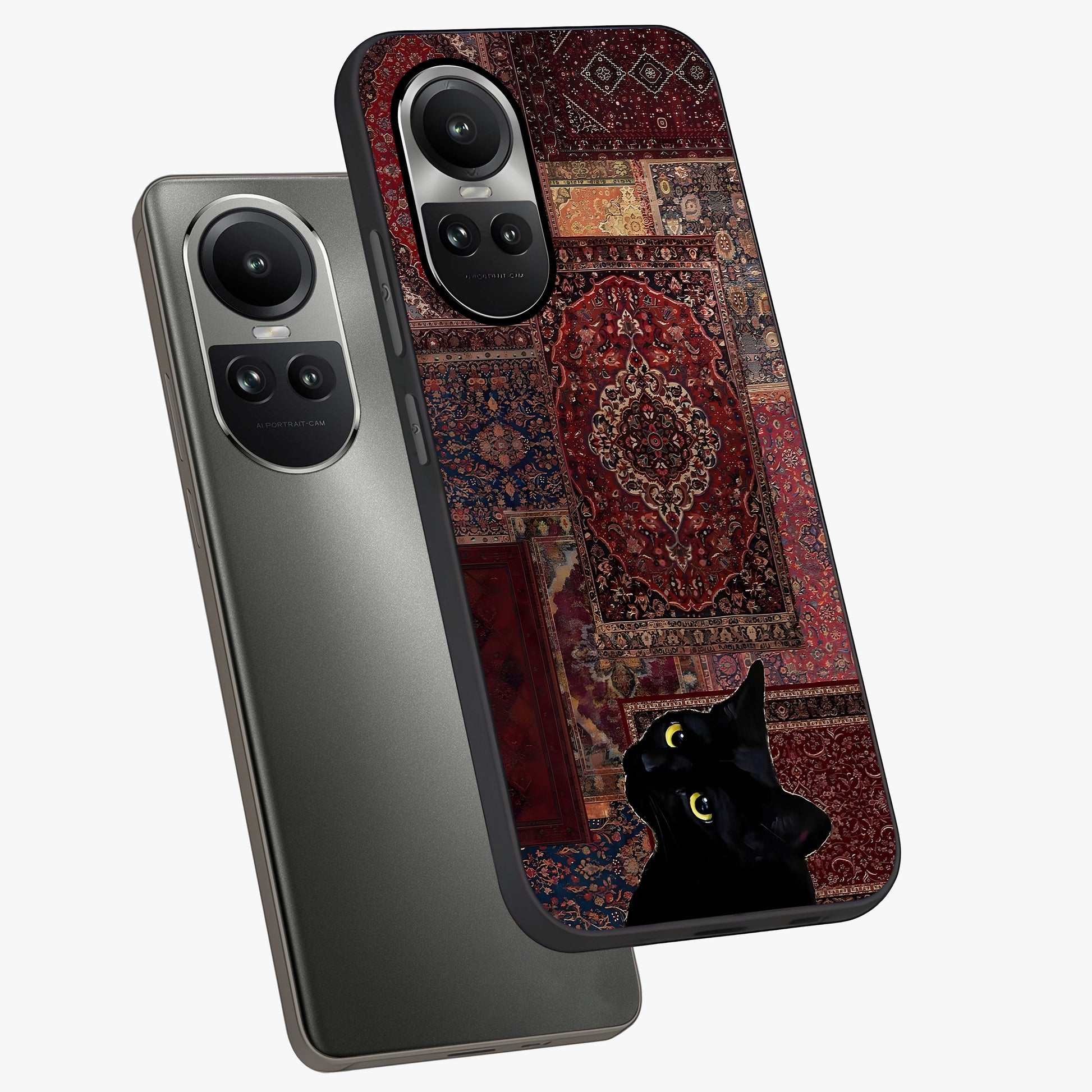 Regal Magic Cat Apple Glass Case displayed in angled mockup highlighting whimsical feline design with fantasy aesthetic.