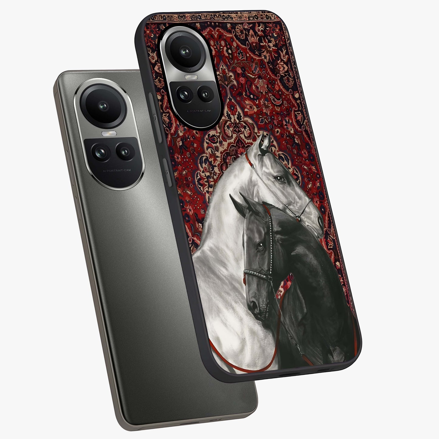 Regal Stallion Tapestry Glass Case displayed in angled mockup highlighting royal stallion design with decorative heritage aesthetic.
