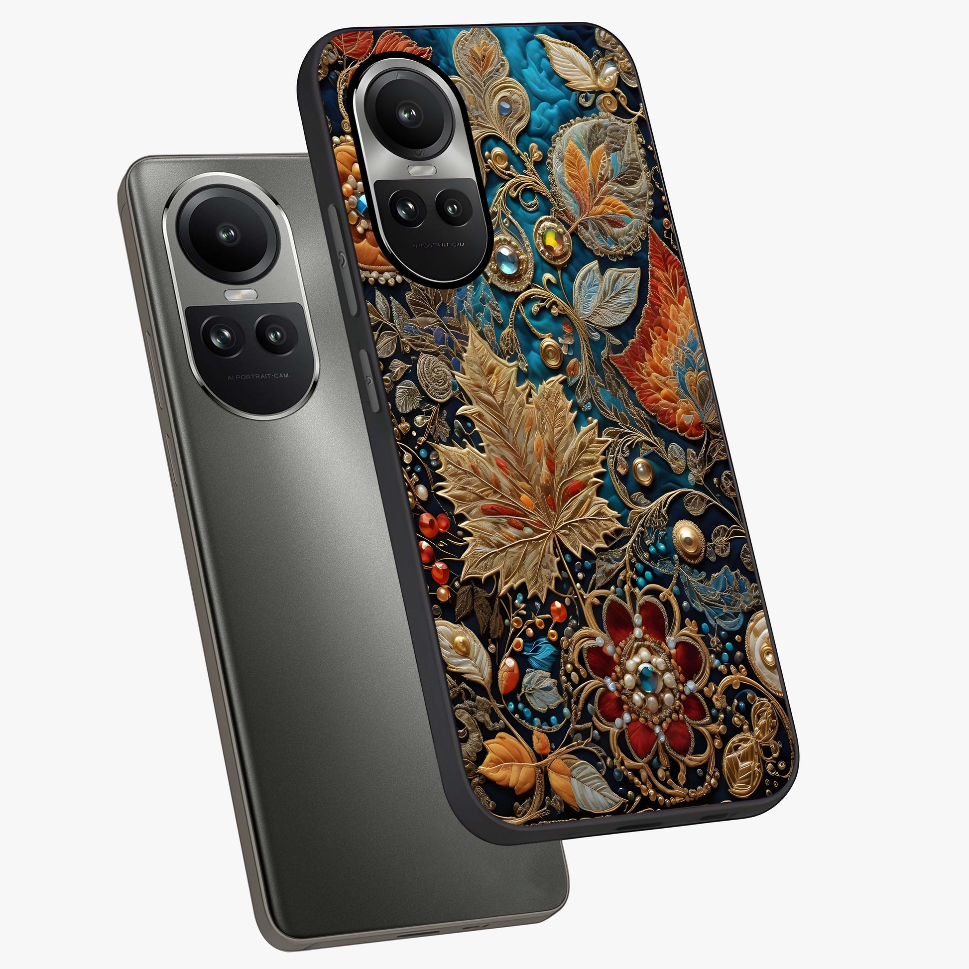 Royal Jewel Garden Glass Case displayed in angled mockup highlighting vibrant jewel inspired floral design with elegant aesthetic.