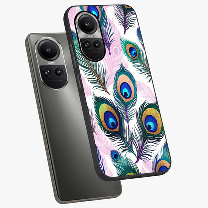 Royal Peacock Feathers Glass Case displayed in angled mockup highlighting vibrant feather pattern with regal aesthetic style.
