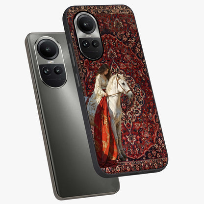 Royal Rider Tapestry Glass Case displayed in angled mockup highlighting traditional tapestry design with royal heritage aesthetic.