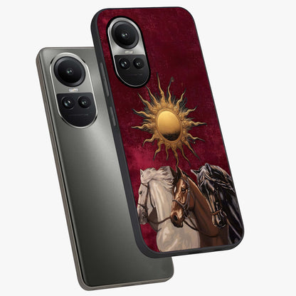 Solar Riders Glass Case displayed in angled mockup highlighting powerful rider illustration with radiant solar aesthetic.