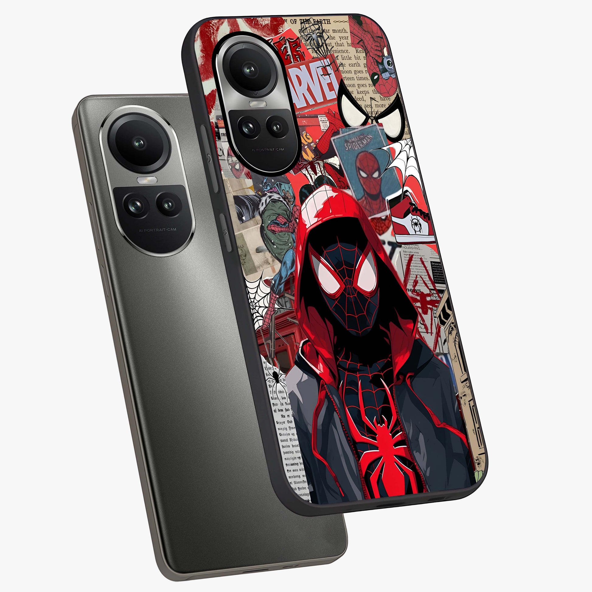 Spider Collage Street Glass Case displayed in angled mockup highlighting dynamic street style collage design with comic aesthetic.