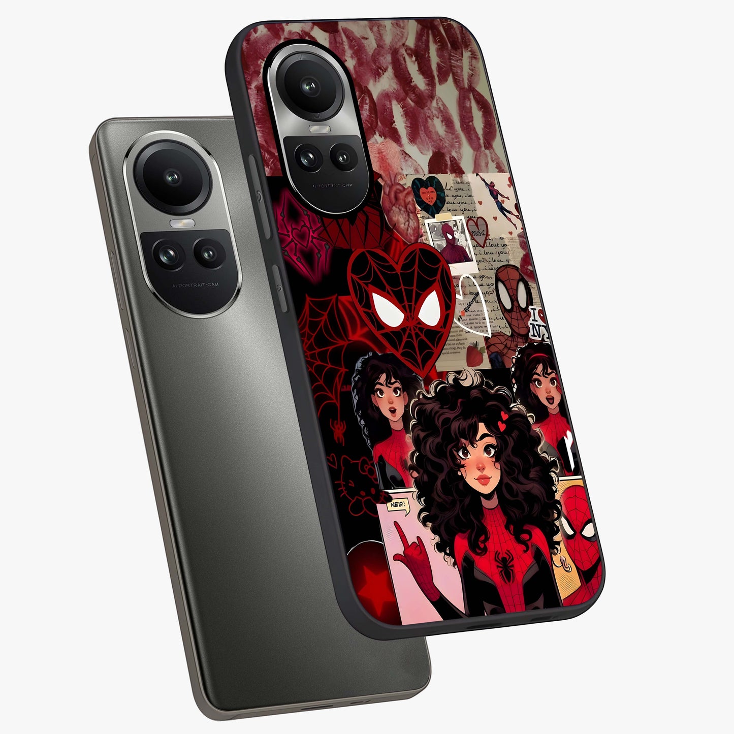 Spider Love Story Glass Case displayed in angled mockup highlighting expressive comic inspired design with playful aesthetic.