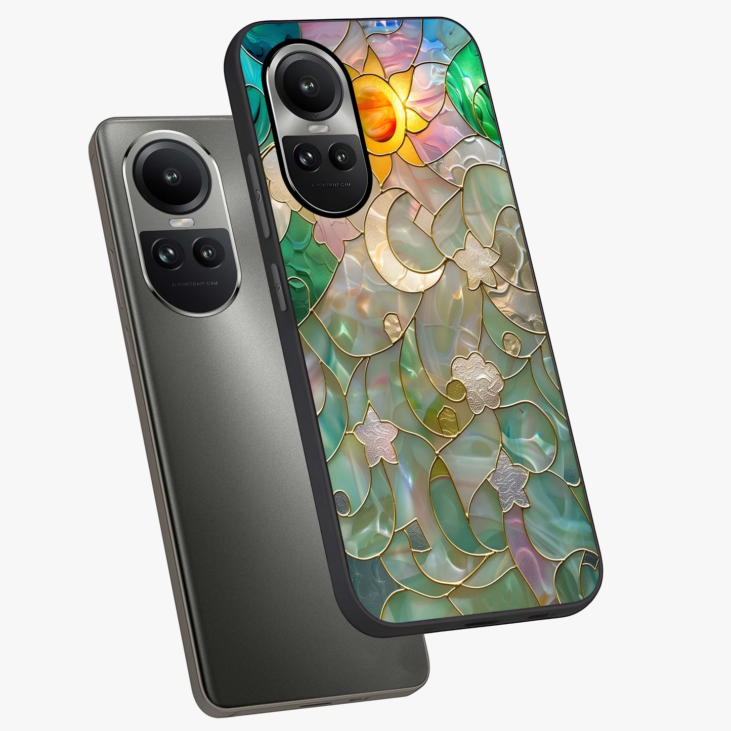 Stained Sunrise Glow Glass Case displayed in angled mockup highlighting radiant sunrise design with artistic aesthetic style.