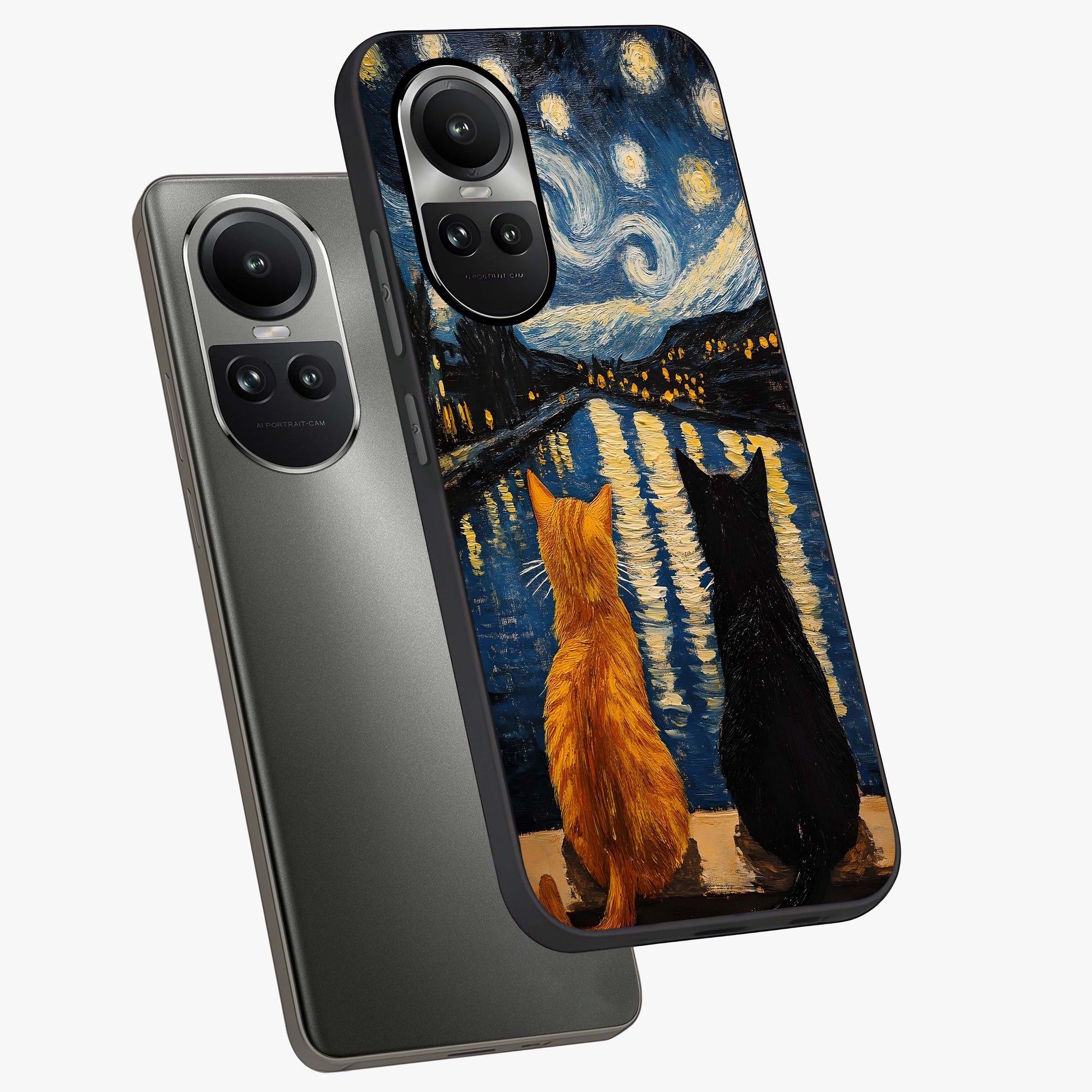 Starry River Cats Glass Case displayed in angled mockup highlighting charming feline illustration with dreamy night aesthetic.
