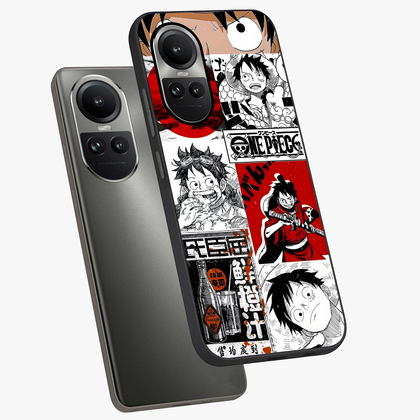 Strawhat Chaos Panels Glass Case displayed in angled mockup highlighting vibrant anime collage design with action aesthetic.