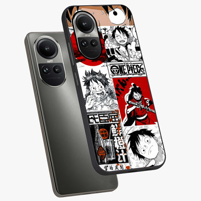 Strawhat Chaos Panels Glass Case displayed in angled mockup highlighting vibrant anime collage design with action aesthetic.